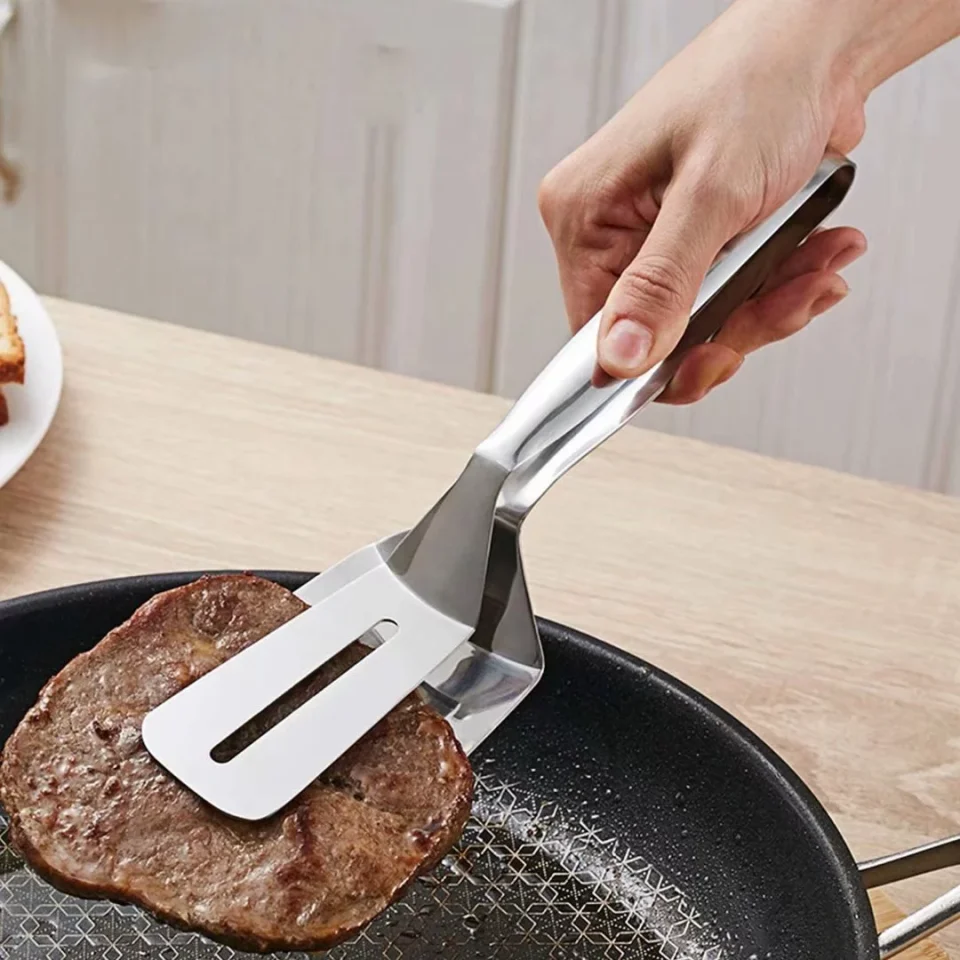 Premium Stainless Steel Steak Clamps, Double Sided Spatula, Tongs for Cooking, 10 inch Multifunctional Stainless Steel Food Flipping Spatula Tongs Clip for Beefsteak Bread Hamburger BBQ Meats Pizza Pies Bread Fish