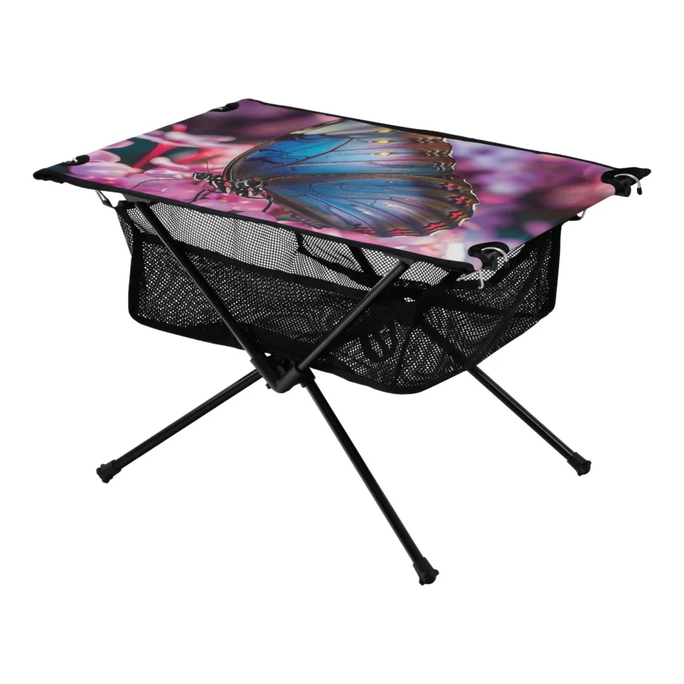 Pure Bamboo Butterfly on Flowers Camping Folding Table Portable Beach Table with Storage Bag Compact Picnic Table for Outdoor Travel Fishing BBQ