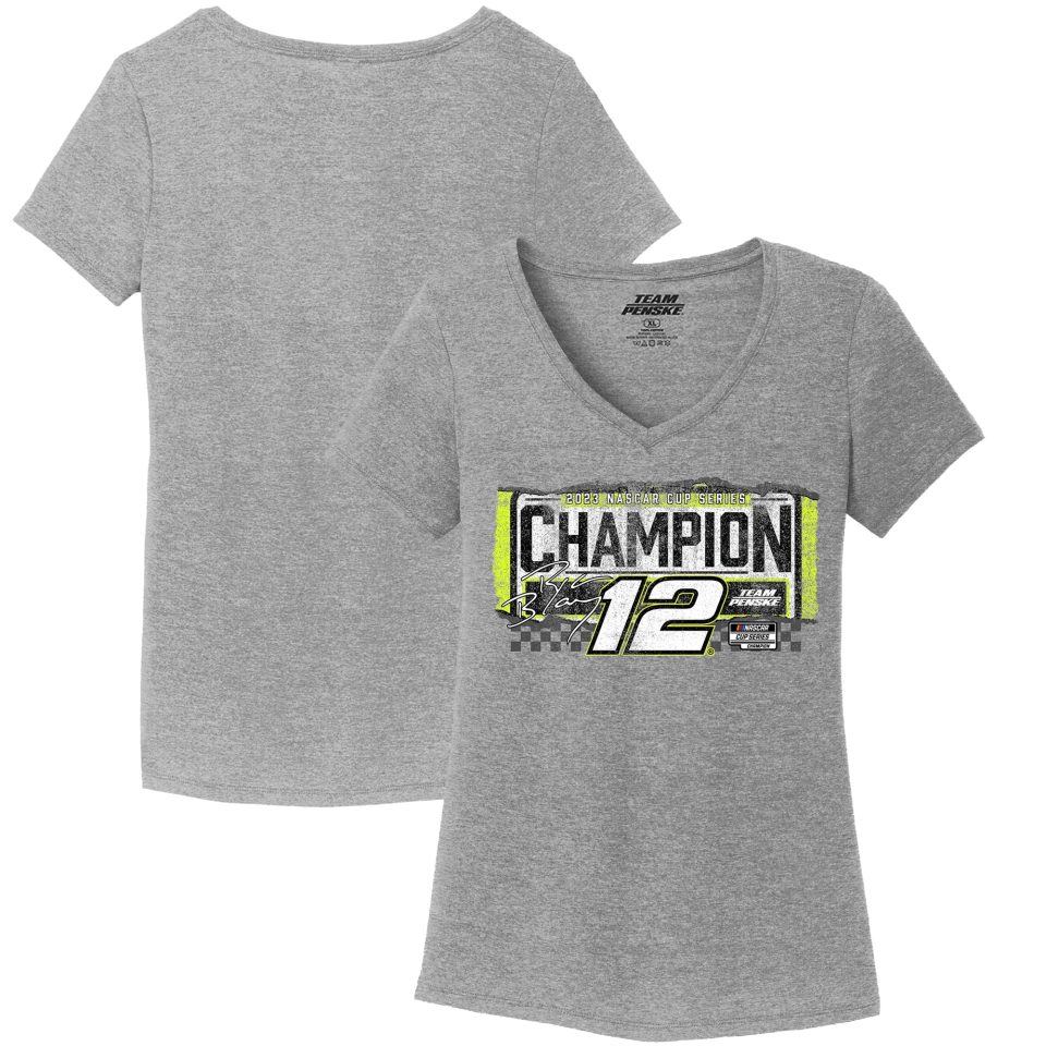Space-Saving Women's Team Penske Heather Gray Ryan Blaney 2023 NASCAR Cup Series Champion V-Neck T-Shirt