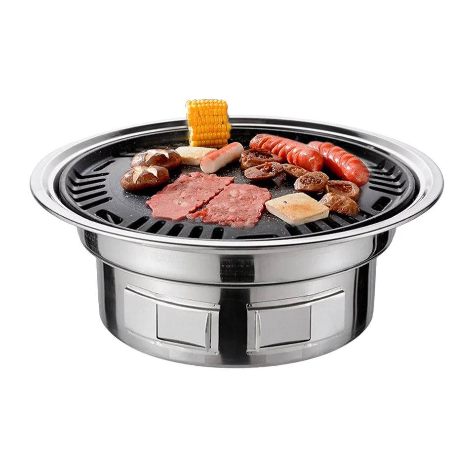 Versatile Htovila 13 Inch Korean BBQ Grill Multifunctional Charcoal Barbecue Grill Round Camping Grill Tabletop Smoker Grill Grilled Net & Tray for Courtyard Picnic Beach BBQ