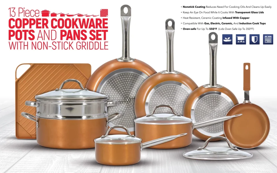 Essential Space-Saving Luxury Copper Cookware Pots and Pans Set with Non-Stick Griddle (13-Piece)