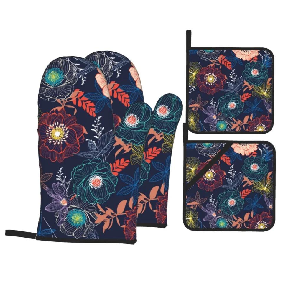 Safe Best-Selling ZNDUO Oven Mitts and Pot Holders Sets, Vintage Leaves Line Pattern Non-Slip Cooking Oven Mitt