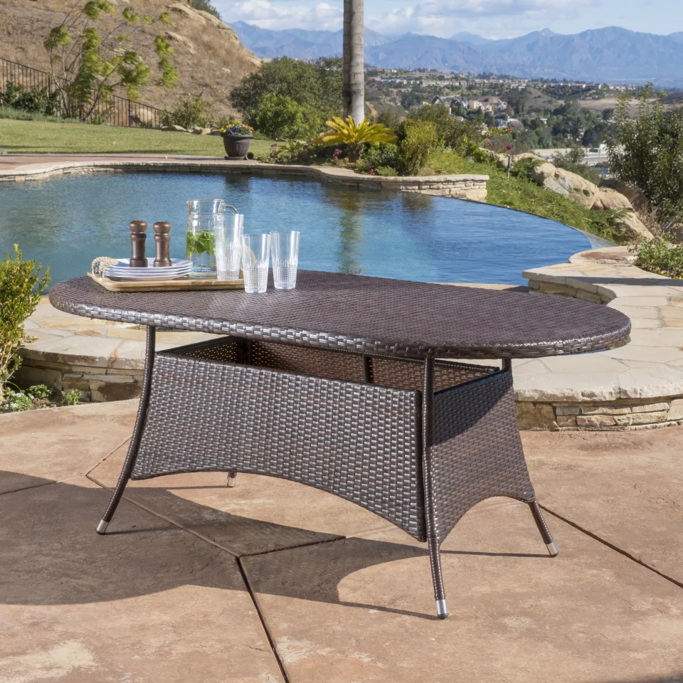 Polished Ramsey Outdoor Oval Wicker Dining Table, Multi Brown