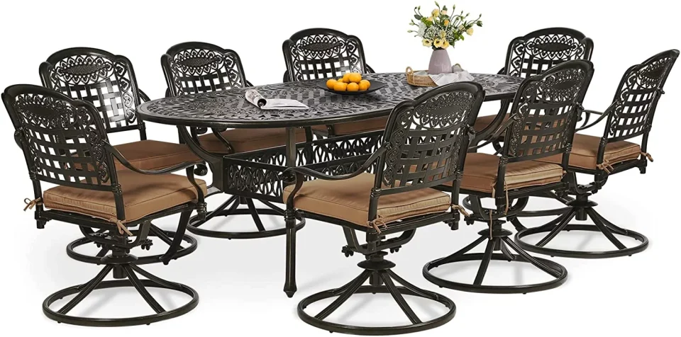 Non-Toxic Leak-Proof W WARMHOL 9-Piece Patio Dining Set, Outdoor Patio Set of 83.8 Oval Cast Aluminum Dining Table with Umbrella Hole, 8 Patio Dining Swivel Chairs Padded, Patio Funiture Set for Lawn Garden