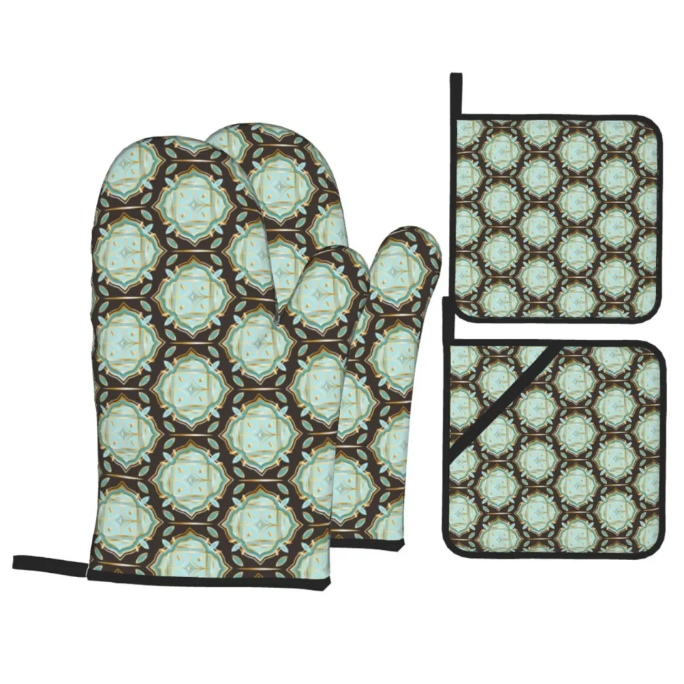 Supreme XMXT Waterproof Oven Mitts and Pot Holders Sets, Vintage Geometric Decoration Sets Kitchen Cooking Heat Resistant, 4 Pcs