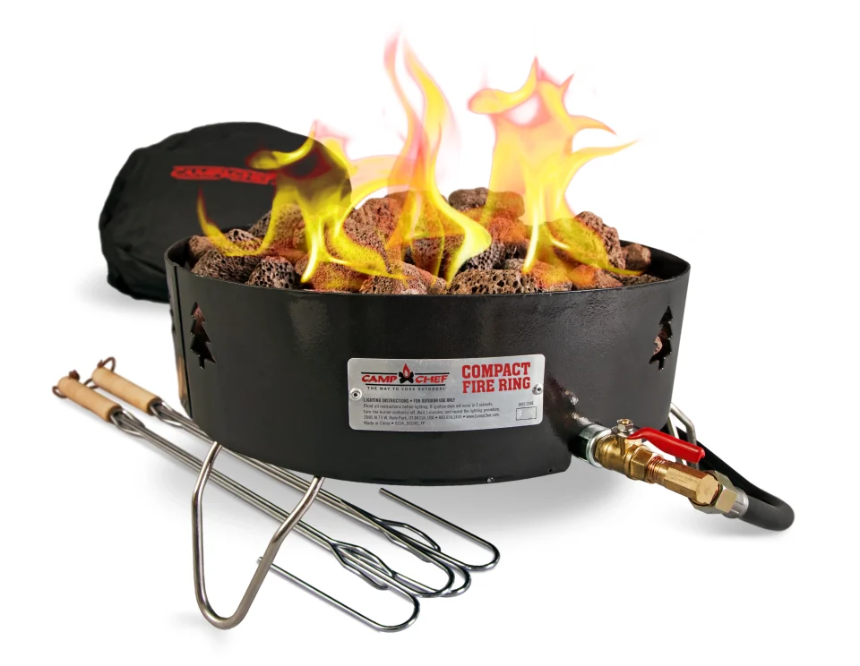 Storage Value Camp Chef Compact Fire Ring, GCLOG, 55,000 BTU, Lava Rocks, 2 Extendable Roasting Sticks