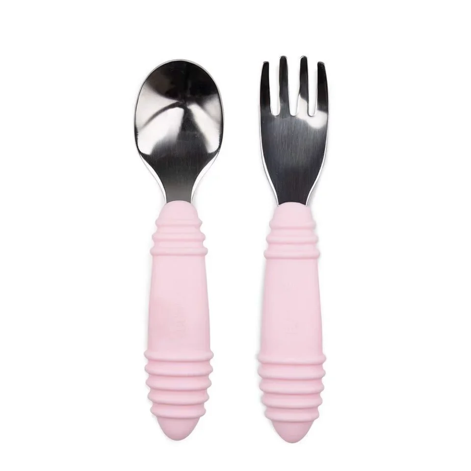 Space-Saving Upgraded Bumkins Toddler Fork and Spoon Set, Stainless Steel & Silicone Utensils for Babies and Kids 18 Mos+ (Pink)