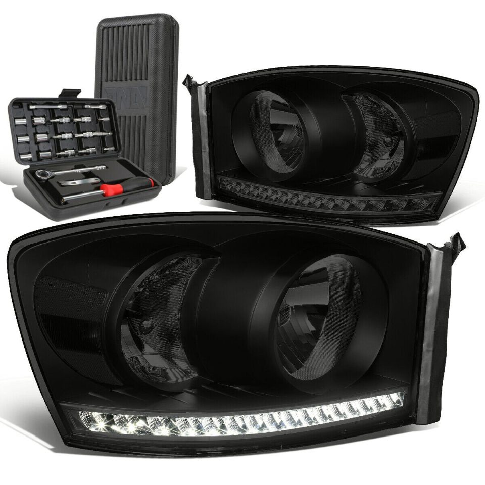 Matte Space-Saving 2006-2009 Ram Truck LED DRL Tinted Housing Clear Side Headlights+Too