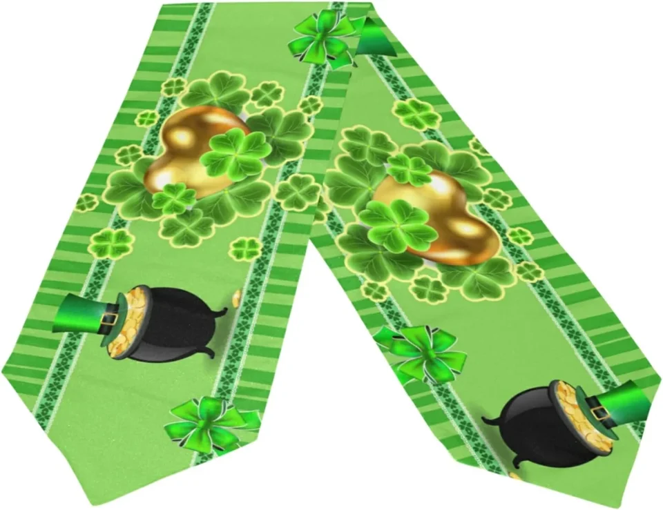 Essential Ceramic Dreamtimes Double Sided St. Patrick's Day Clover Heart Long Polyester Table Runner 13 x 90 Inches Table Cloth Cover Placemats for Kitchen Dinning Living Home Holiday Decor