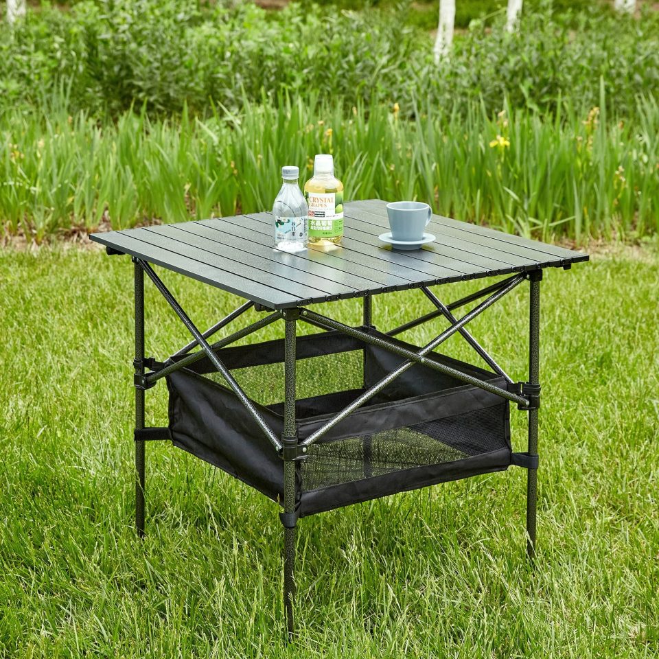 Wooden Black portable outdoor folding table, lightweight aluminum roll rectangular table suitable for indoor and outdoor camping, picnics, beaches, backyard, barbecue, parties, and terraces