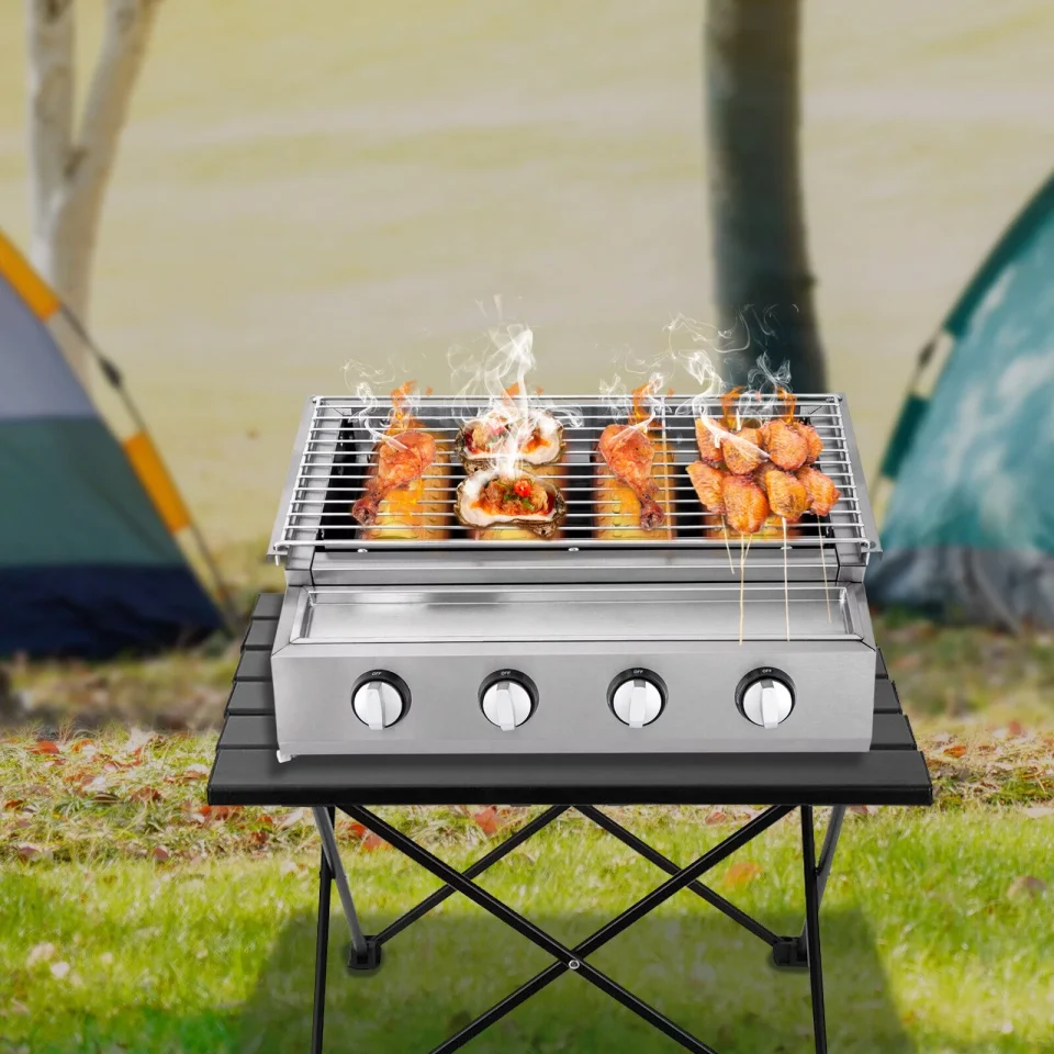 Frosted Stainless Steel Barbecue Grill 4 Burner Gas Roaster Portable BBQ Grill Outdoor LPG Table Top Gas Broiler Commercial Gas Grill BBQ Oven Grill Height Adjustable