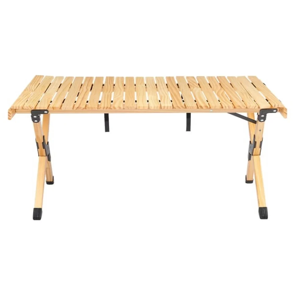 Polished Wooden Roll-Top Camping Table Outdoor Folding Table Non-slip Mini Picnic Table for Traveling Hiking Camping, 35.4''L x 23.6''W x 16.9''H