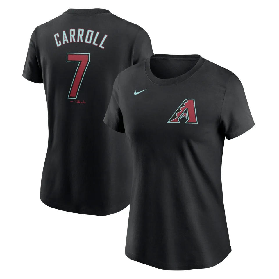 Stainless Steel Women's Nike Corbin Carroll Black Arizona Diamondbacks 2024 Fuse Name & Number T-Shirt