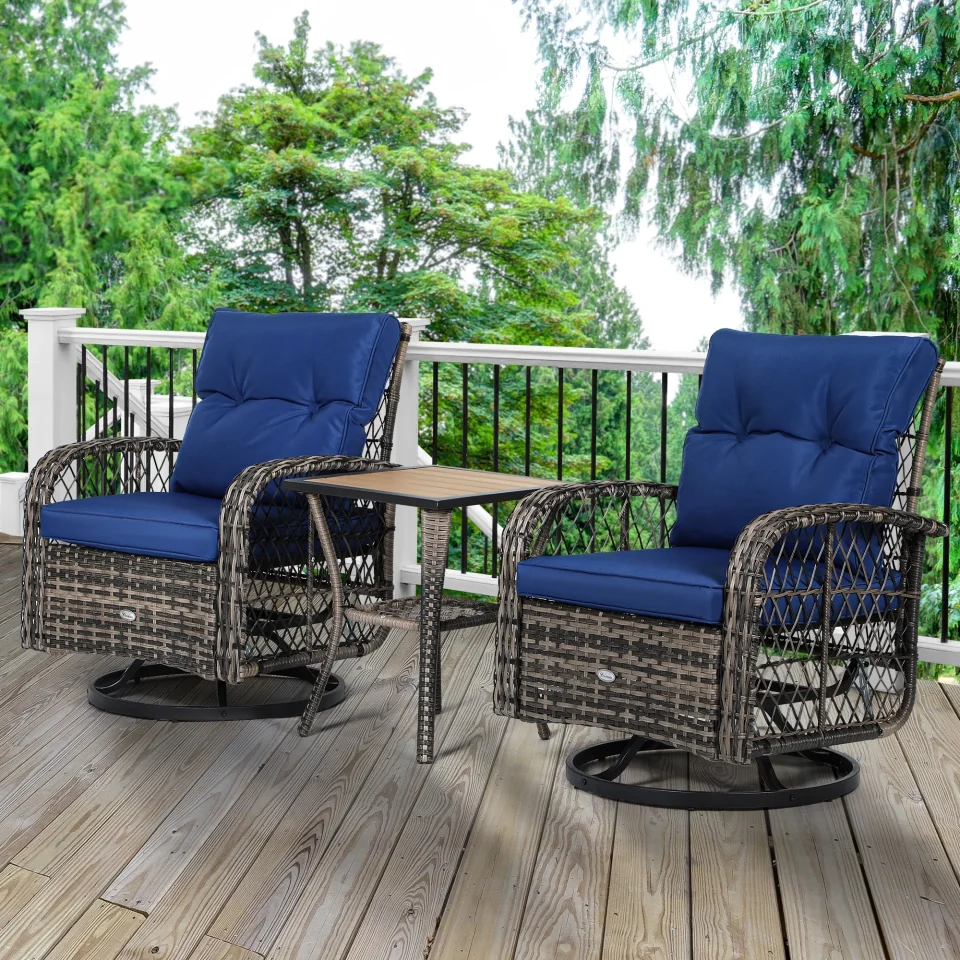 Wooden Dextrus Navy Blue 3-Piece Outdoor Bistro Set with Swivel Glider Rocker Chairs, Perfect for Garden, Backyard, and Balcony, Stylish Wicker Rocking Furniture for Relaxing Conversations