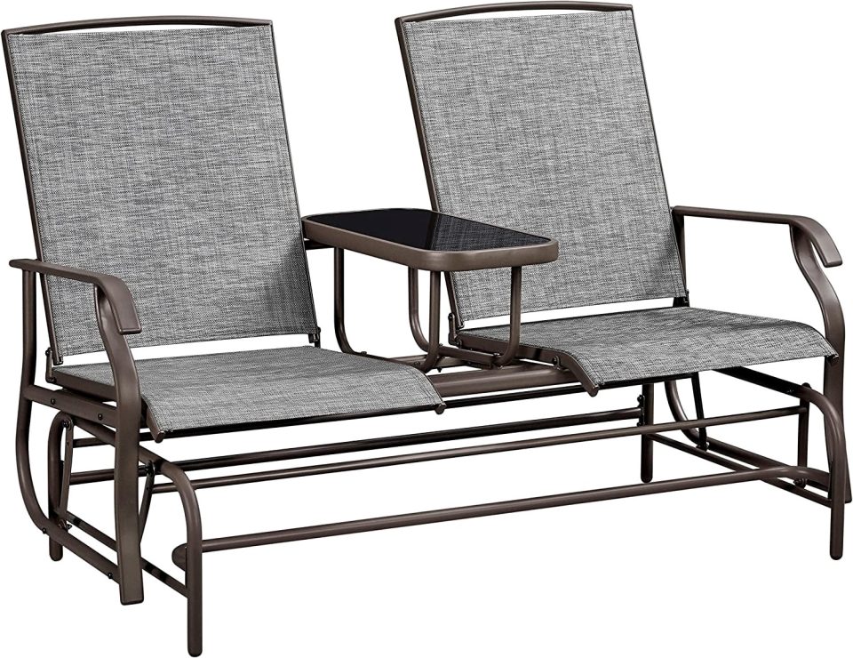 Cooking 2-Seat Outdoor Glider with Center Table, Patio Rocking Loveseat with Breathable Mesh Sturdy Metal Frame for Garden Pool Lawn