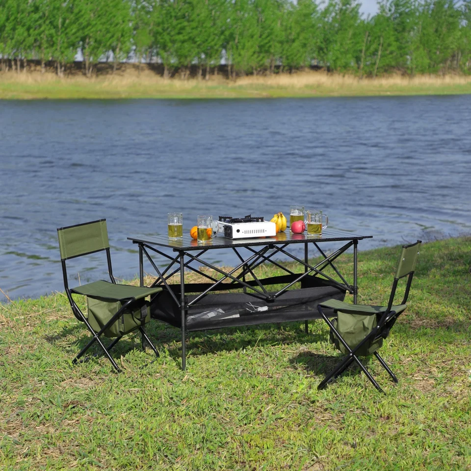 BPA-Free Set of 3, Folding Outdoor Table and Chair Set for Indoor, Outdoor Camping, Picnics, Beach,Backyard, BBQ, Party, Patio, Black/Green