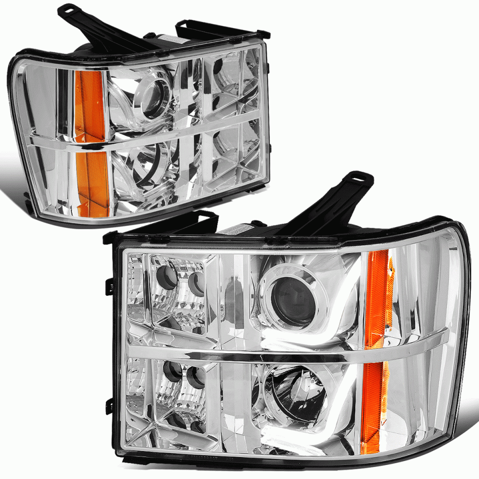 Outdoor 2007-2014 GMC Sierra Chrome Amber Signal 3D LED Bar Projector Headlights